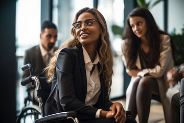 Focused overworked handicapped businessman in wheelchair sharing financial paperwork statistics overworking in business office meeting room. Diverse multi-ethnic brainstorming company ideas in evening