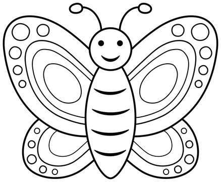 Smiling butterfly coloring book page for children. 