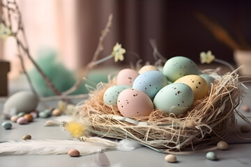 Fototapeta na wymiar Easter colored eggs in a nest, Generative AI