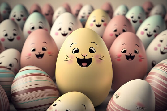 Easter bright cartoon colored eggs with smiles, Generative AI