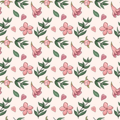 Gentle seamless pattern with soft pink flowers and branches. Pomegranate's blossom. Vector illustration