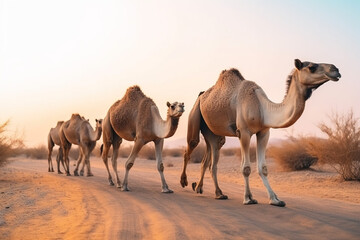 Fototapeta na wymiar A caravan of camels trekking through the desert in muted tones.