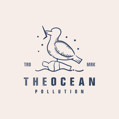 Bird eats plastic. Marine pollution. Ocean trash, waste, junk and plastic. Save our earth concept logo icon hand drawn illustration