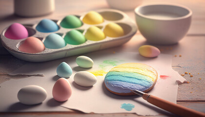 Fototapeta na wymiar Rainbow colorful cute realistic pastel colored paint as eggs with background. Generative AI.