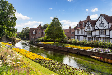 The Great Stour river flows past beautiful old half-timbered houses at Westgate Gardens in the picturesque English town of Canterbury.