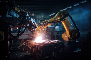 Mechanized welding industry robot arm for assembly in factory production line. Vehicle manufacturing. Robotized automated manufacturing process, generative ai