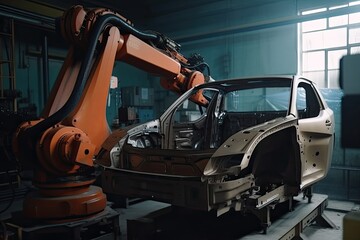 Mechanized industry robot arm for assembly in factory production line. Vehicle manufacturing. Robotized automated manufacturing process, generative ai