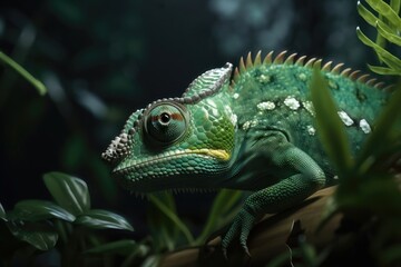 Obraz premium Beautiful green chameleon. AI generated