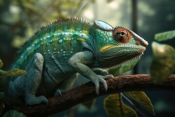Beautiful green chameleon. AI generated