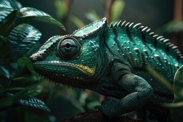 Obraz premium Beautiful green chameleon. AI generated