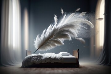Bed with flying feathers. Creative design concept. Ai generation