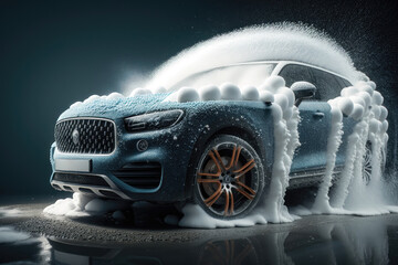 Car wash with foam. AI generated - obrazy, fototapety, plakaty