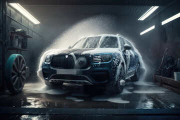Car wash with foam. AI generated