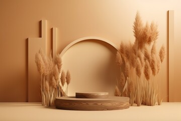 3D podium wood display on beige, background and dry pampas grass. AI generated