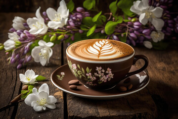 Obraz na płótnie Canvas Porcelain mug with delicious cappuccino. Composition with spring flowers, coffee foam with design. Wooden table with fresh flowers and fresh fragrant coffee. Generative AI art.