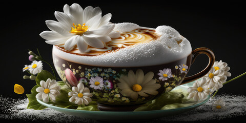 Obraz na płótnie Canvas Porcelain mug with delicious cappuccino. Composition with spring flowers, coffee foam with grawings. Wooden table with fresh flowers and fresh fragrant coffee. Generative AI art.