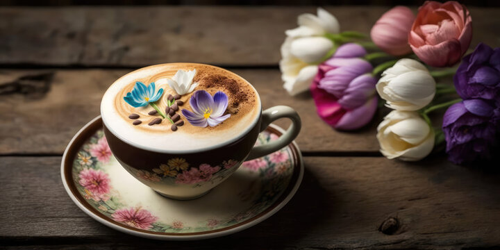 Porcelain mug with delicious cappuccino. Composition with spring flowers tulips, coffee foam with patterns. Wooden table with fresh flowers and fresh fragrant coffee. Generative AI art.