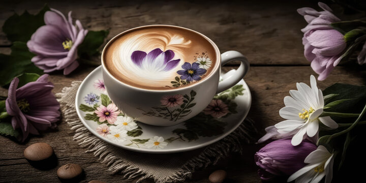 Porcelain mug with delicious cappuccino. Composition with white and purple spring flowers, coffee foam with patterns. Wooden table with fresh flowers and fresh fragrant coffee. Generative AI art.