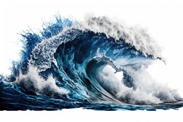 Illustration of sea waves rolling up in ocean, fresh and spray, white background with copyspace, generative ai