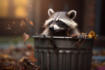 Raccoon in trash can leans out mouth open autumn. AI generated - obrazy, fototapety, plakaty
