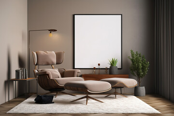 Interior design of living room interior with design armchair, wooden coffee table, mock up poster frame. AI generated