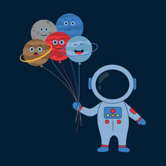 Cute vector astronaut illustration isolated. Funny colorful planets. Air balloons and spaceman. Kids design