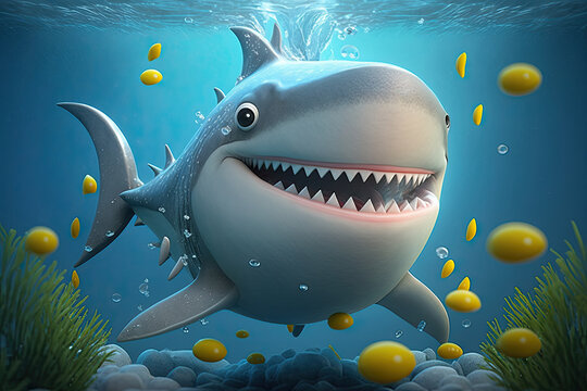 Cute Cartoon Shark Character Underwater in the Ocean (Generative AI)