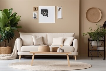 Domestic and cozy interior of living room with beige sofa, plants, shelf, coffee table, boucle rug, mock up poster frame, side table, plant and elegant decoration Beige wall - Generative AI