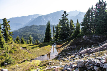 Hiking the Wonderland Trail around Mt. Rainier; mountain landscape with clouds