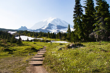Hiking the Wonderland Trail around Mt. Rainier; mountain landscape with clouds
