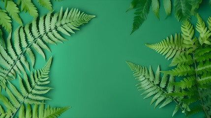Fototapeta na wymiar Ferns on green background top view in flat lay style. Greeting for Women or Mothers Day or Summer Sale Banner