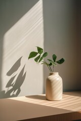 Modern white vase with green plant, wooden plate on stone counter table with space in sunlight, leaf shadow on beige stucco cement wall for interior design decoration, product display background