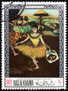 Postage stamp Ras al-Khaimah 1968 Ballerina, painting by Edgar Degas (1834-1917), French painter