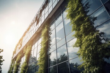 Green office building in a modern metropolis. Glass building with green tree branches and leaves to reduce carbon dioxide. Concept. High quality generative AI