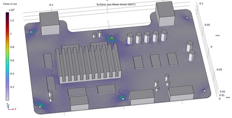 Computer 3d modeling of the printed circuit board of an electronic device. Von mises stress plot. © TKalinovskaya