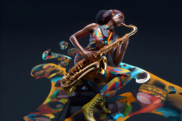 Disco african girl musician with gitar on neon colorful background, ai generative