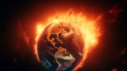 Planet Earth in fire. Global warming concept. Illustration AI Generative