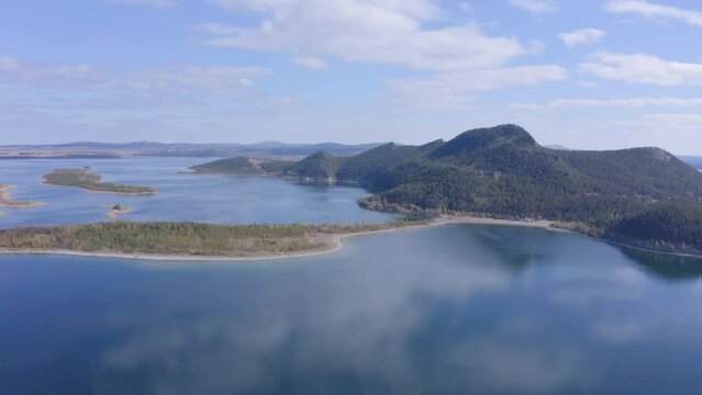 Aerial drone footage of Ulken Shabakty - Lake Great Chebachye Lake in Natonal park Burabay Borovoe , Kazakhstan
