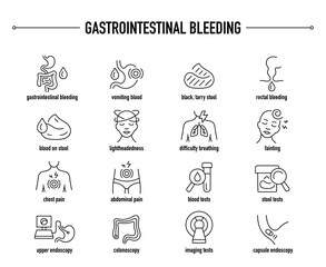Gastrointestinal Bleeding symptoms, diagnostic and treatment vector icon set. Line editable medical icons.