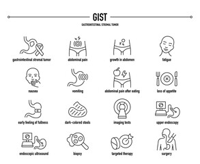 GIST,  Gastrointestinal Stromal Tumor symptoms, diagnostic and treatment vector icon set. Line editable medical icons.
