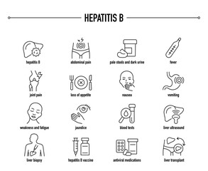 Hepatitis B symptoms, diagnostic and treatment vector icon set. Line editable medical icons.
