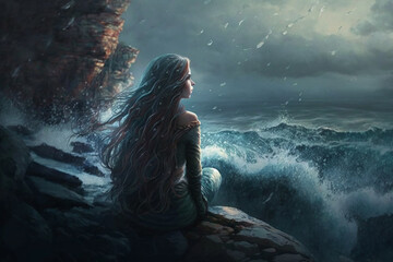 The Mermaid's Solitude: Sitting on a rocky shore, watching the stormy sea