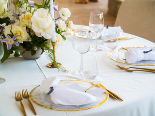 Luxury elegant wedding reception table arrangement and floral centerpiece - wedding banquet and event outdoor