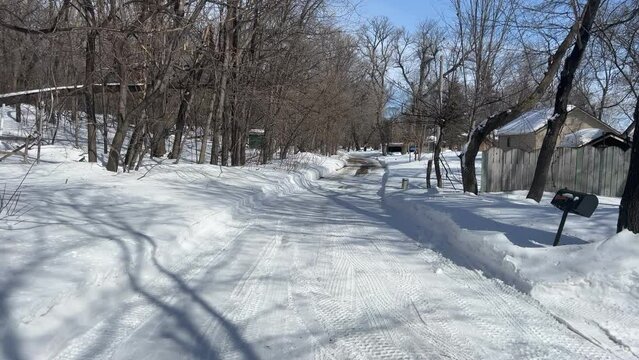 Following shot down a wooded lane in winter