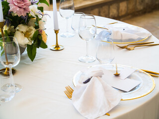 Luxury elegant wedding reception table arrangement and floral centerpiece - wedding banquet and event outdoor