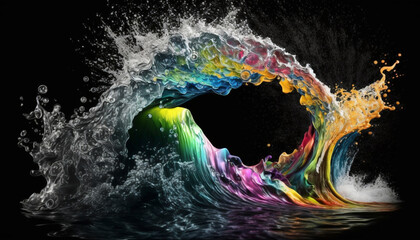 water splash Rainbow liquid paint wave on the Black .Generative AI.
