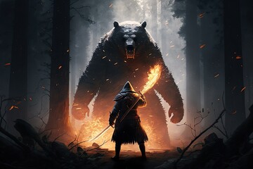 A samurai fighting a bear