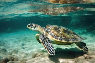 Obraz na płótnie Canvas Green sea turtle gracefully swimming in clear blue ocean waters. Generative AI
