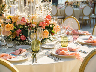 Wedding banquet concept. Chairs and round table for guests, served with cutler and, flowers and crockery and covered with a tablecloth