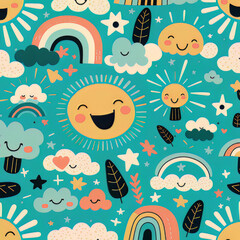 Cute and happy fantasy background pattern. Generative AI